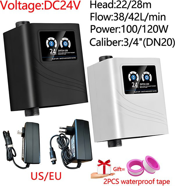 xmshxltd Boost Wasserpumpe für Dusche und Haushalt mit Timed Boost Funktion, DC24V, Durchfluss: 38/42L/min, Kopf: 22/28m, Leistung: 100/120W, DN20 - Bild 1
