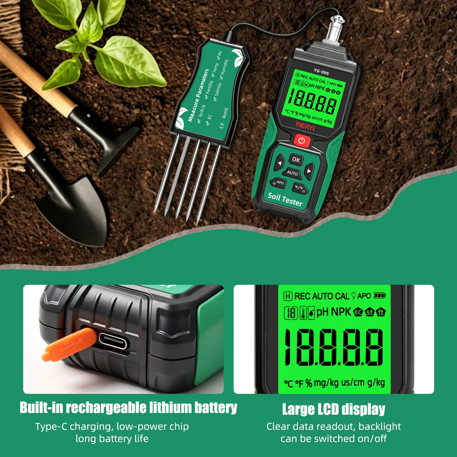 YIERYI 9-in-1 Digitaler Bodentester NPK-Sensor zur Messung von pH-Wert, EC-Wert, Temperatur, Feuchtigkeit und Salzgehalt für deinen Garten - Bild 5