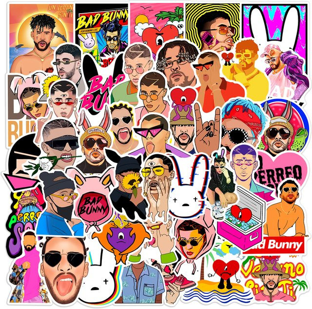 50 Stück Bad Bunny Graffiti-Aufkleber in Multicolour für Wasserflaschen, Laptops und Skateboards - Bild 1