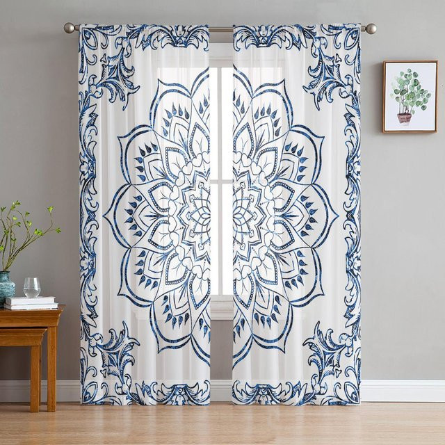 Mandala Retro Blau Böhmische Transparente Vorhänge aus Organza, Breite: 135 cm, Höhe: 137 cm - Bild 1