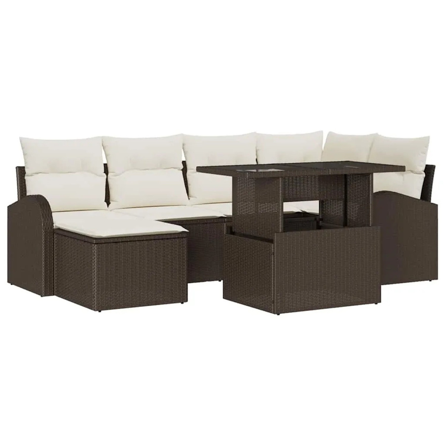 7-tlg. vidaXL Garten-Sofa-Set aus braunem Poly-Rattan mit L-Form, Eckplatz, Mittelplätzen, Armsofas, Fußhocker und Tisch mit Glasplatte sowie integriertem Kissen-Speicher - Bild 2