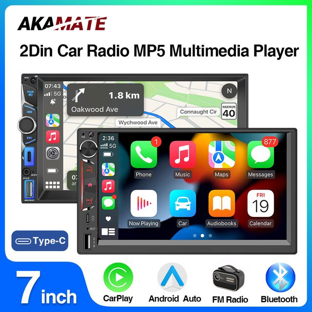 AKAMATE 7-Zoll Auto-Multimedia MP5-Player mit CarPlay, Android Auto, Bluetooth und USB-C in Schwarz - Bild 1