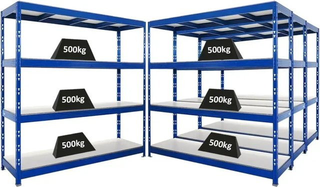 4er-Set PROREGAL Rhino Profi Schwerlastregal in Blau mit 4 Melamin-Ebenen, B/H/T: 200 x 200 x 60 cm, 500 kg Fachlast - Bild 1