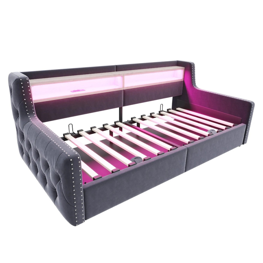 Merax Schlafsofa mit LED-Beleuchtung und USB-Ladefunktion, Samt, Dunkelgrau, B/T/H: 90 x 200 cm - Bild 2