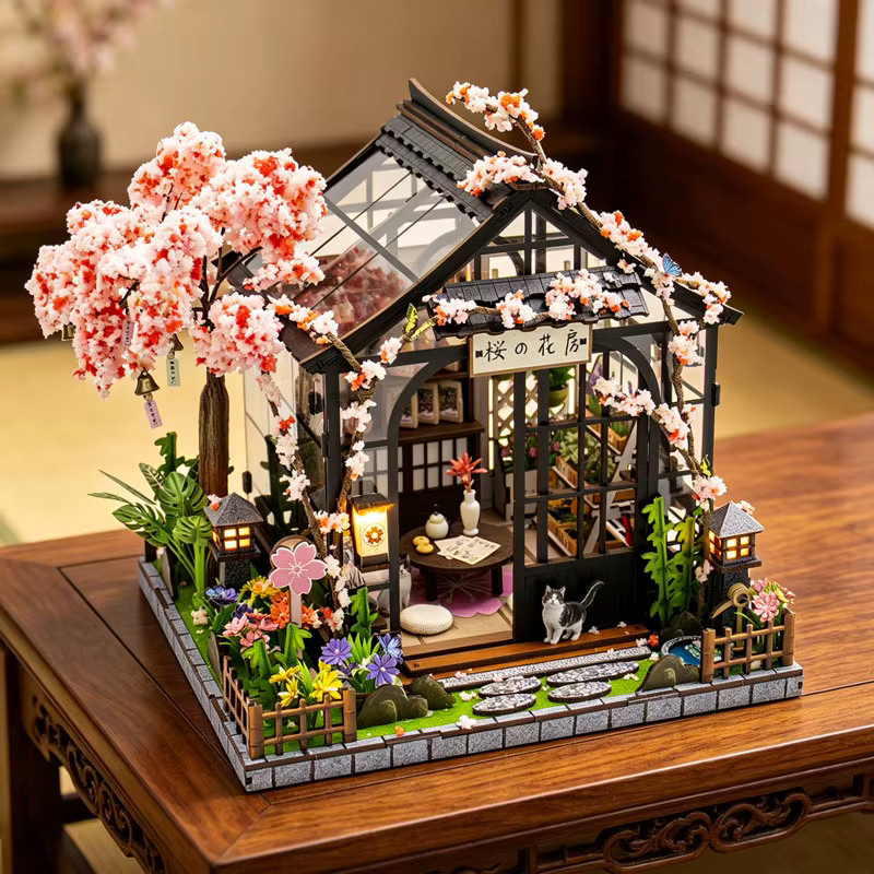 zuuton Sakura-Gewächshaus-Puppenhaus-Set, 3D-Miniaturhausmodell aus Holz, mit LED-Licht - Bild 3