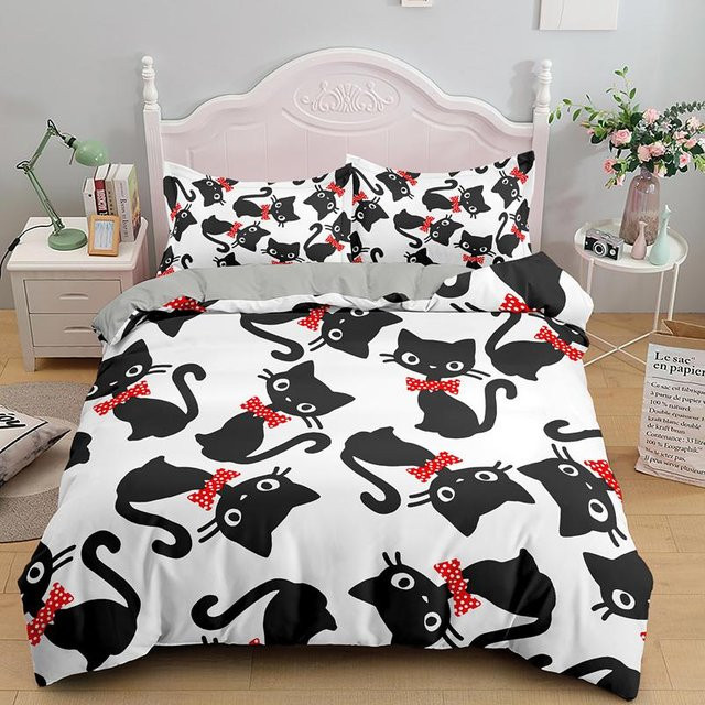 Bettwäsche Set Your Warm Home mit niedlichem Katzen-Print für Kinder, 3-teilig, Farbe: Weiß, B/H: 135 x 200 cm, Kissenbezüge: 50 x 70 cm - Bild 1