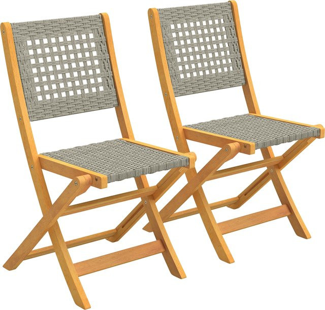Outsunny Gartenstuhl-Set aus 2 Stück mit FSC Akazienholz und Polyrattan in Grau - Bild 1
