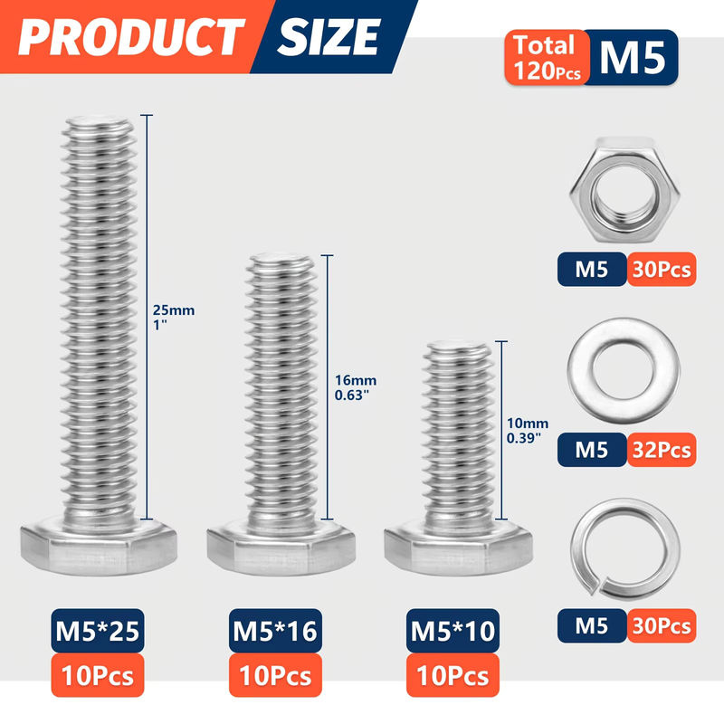 SANJODS Metrisches Bolzenset aus Edelstahl in Silber mit Sechskantschrauben, Muttern sowie flachen und Sicherungsscheiben (M4, M5, M6) - Bild 2