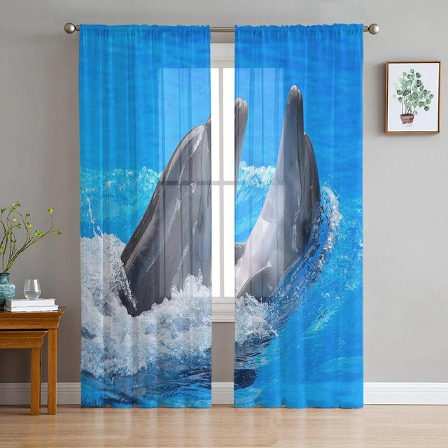 Delfin Meeresrauschen Tüllvorhang aus Chiffon in Blau, transparent, B: 135 cm, H: 137 cm - Bild 1