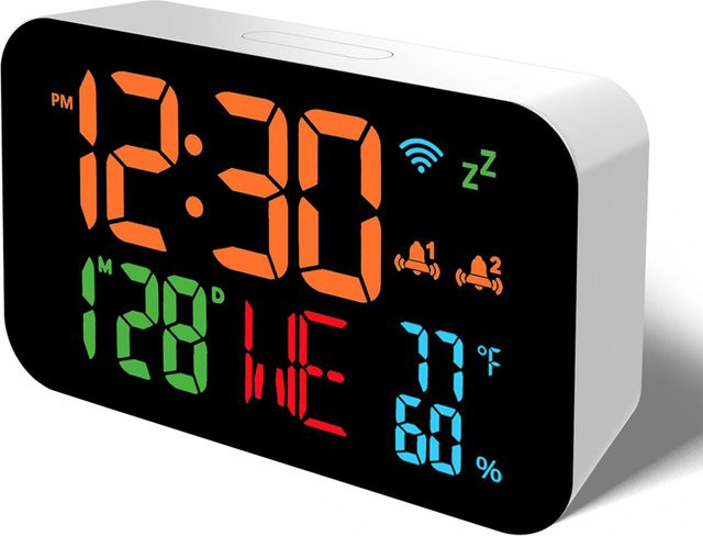 Tuya Smart Desktop Uhr mit Kalender, digitalem LED-Display, Thermometer und Hygrometer, WiFi-Unterstützung mit Auto-Kalibrierung, Weiß - Bild 1