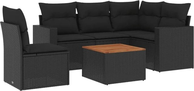 vidaXL 6-tlg Garten-Sofagarnitur aus Poly-Rattan und Akazienholz in Schwarz mit Kissen Modell 110 - Bild 1