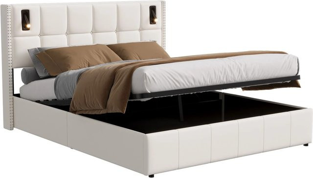 PXloue Doppelbett mit Stauraum und integrierter Leselampe aus Samt und Holz, B/T/H: 160 x 200 x 107 cm (Breite: 160 cm, Tiefe: 200 cm, Höhe: 107 cm) - Bild 1