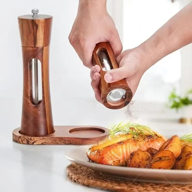 WXCOO Manuelle Salz- und Pfeffermühle aus massivem Holz in Braun mit verstellbarem Keramik-Mahlwerk, rund - Bild 3