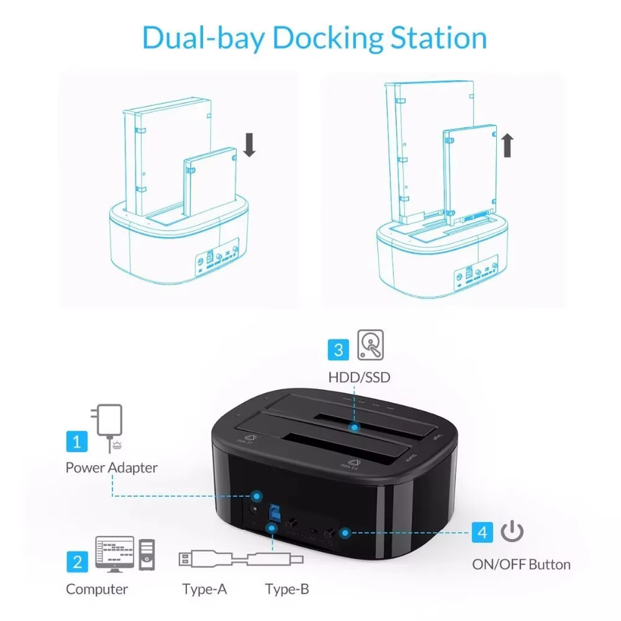 ORICO 2-Bay HDD Dockingstation SATA zu USB 3.0 Externes Festplattengehäuse für 2,5 und 3,5 Zoll HDD/SSD mit Offline-Klonfunktion, Schwarz - Bild 5