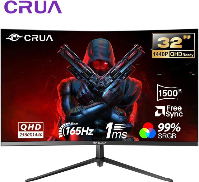 CRUA 32 Zoll Curved Gaming-Monitor mit VA-Panel, 3440x1440p QHD Auflösung, 165Hz Bildwiederholrate, 1500R Krümmung, 120% sRGB, AMD Freesync, HDMI und DisplayPort, Schwarz - Bild 1