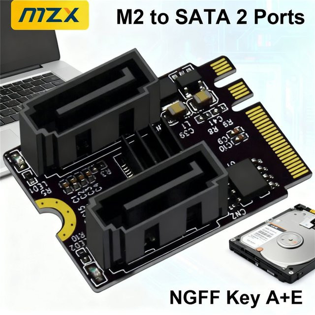 MZX M.2 zu SATA 3.0 Konverter mit 2 Ports, NGFF Erweiterungs-Riser-Karte, Schlüssel A+E WIFI Adapter, Schwarz - Bild 1