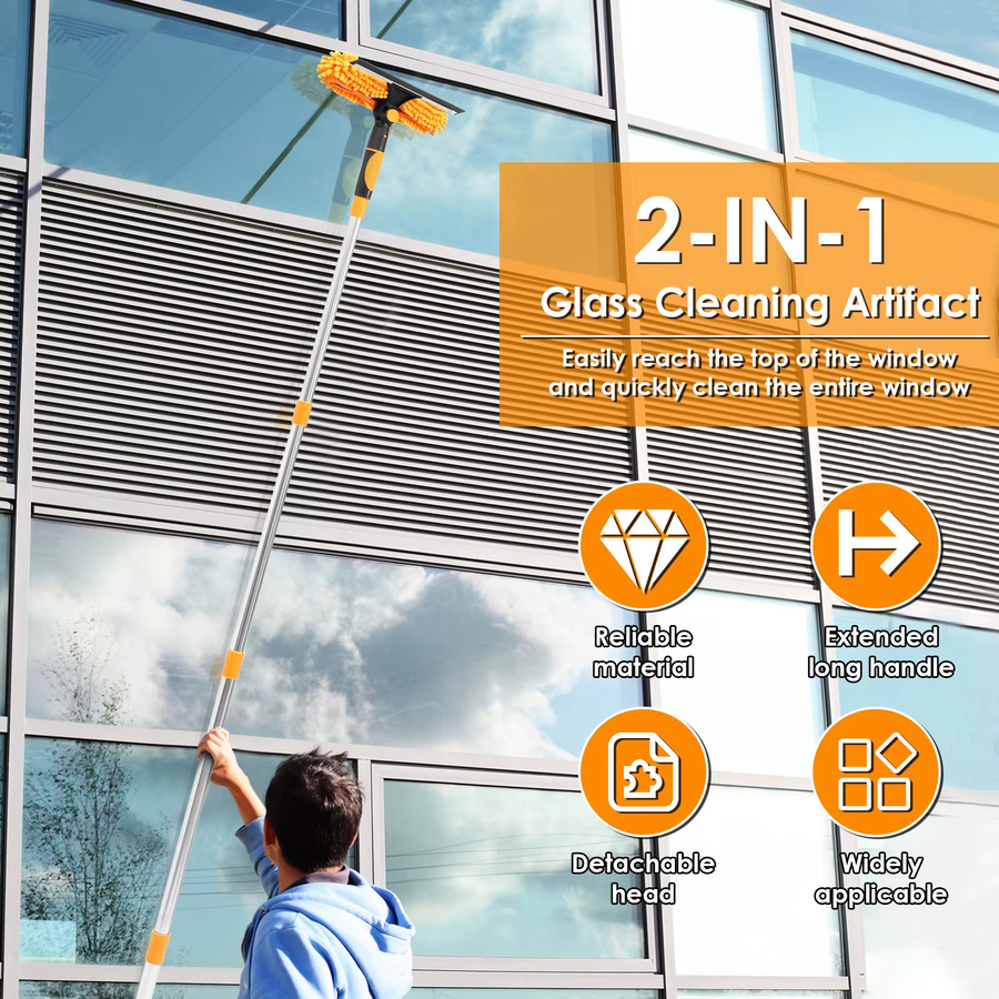 Willstar 2-in-1 Fensterreinigungsset mit Teleskopstange, doppelseitiger Glasabzieher und 180 Grad schwenkbarem Mopp, Orange, Höhe: 190 cm - Bild 2