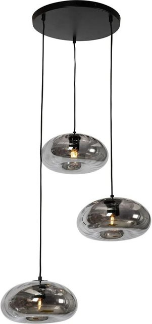 QAZQA Ayesha Art Deco Hängelampe in Schwarz mit rundem Rauchglas, 3-flammig, dimmbar - Bild 1