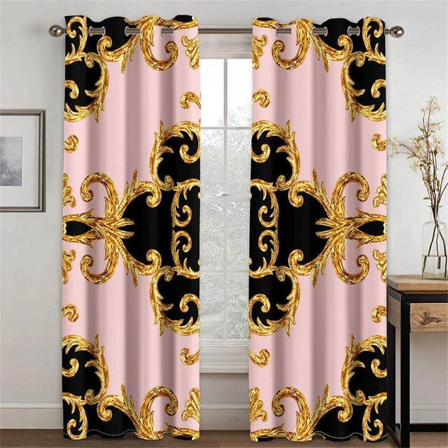 Yiran Furniture Set aus 2 semi-transparenten Vorhängen mit abstraktem Grafikdesign in Schwarz, Weiß und Gold, Breite: 65 cm, Höhe: 60 cm - Bild 1