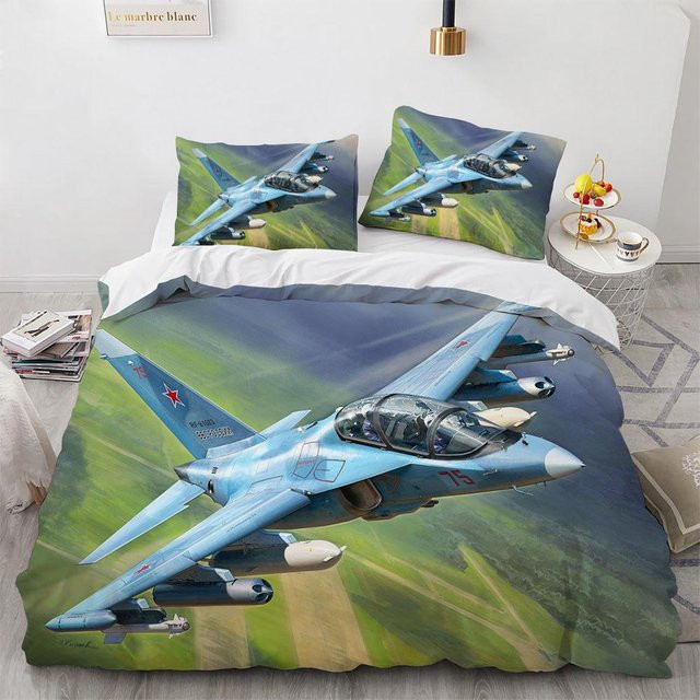 Bettwäsche Set Your Warm Home mit Jagdflugzeug Muster in Grau und Blau, bestehend aus 1x Bettbezug und 2x Kissenbezügen aus Polyester, B/H: 135 x 200 cm, Kissenbezug: 50 x 70 cm - Bild 1
