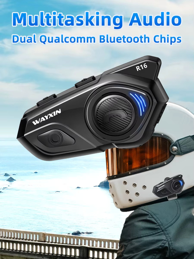 WAYXIN R16 Motorrad-Bluetooth-Helm-Headset mit 6-Fahrer-Intercom, Multitasking-Audio, FM und GPS, Schwarz - Bild 5
