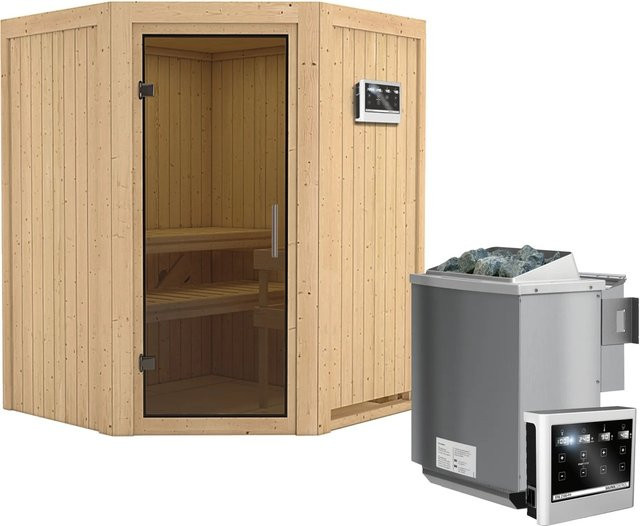 Karibu Sauna LARIN Bio-Kombisauna aus Fichte und Espe mit 9,0 kW Bio-Ofen, externem Steuergerät und Ganzglastür in Graphit, B/T: 151 x 151 cm - Bild 1