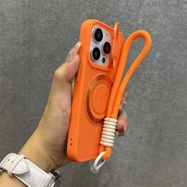 Rui Di MagSafe Handyhülle mit Kickstand und Lanyard für iPhone 11 12 13 14 15 16 Pro Max Plus, Magnetische Stoßfänger-Schutzhülle, Orange - Bild 1