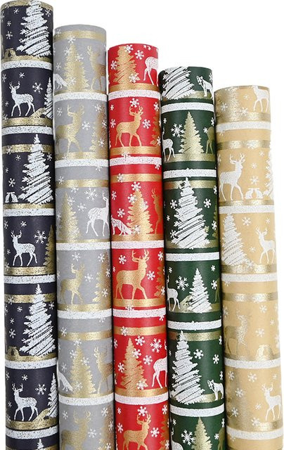 Weihnachtsgeschenkpapierrolle mit Rentier- und Weihnachtsbaum-Design, Mehrfarbig, Breite: 43 cm, Länge: 300 cm - Bild 1