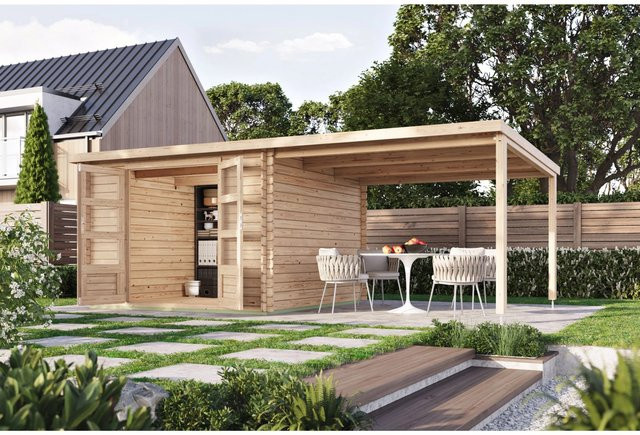 Karibu Gartenhaus Dortmund Set mit Anbaudach aus Massivholz Fichte in Braun mit Pultdach und Blockbohlenbauweise - Bild 1