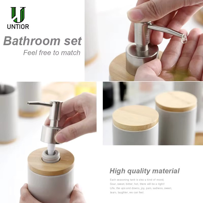 Untior Badezimmer Zubehör Set aus Keramik mit Seifenspender, Zahnbürstenhalter und Tumbler in Grau und Weiß - Bild 3