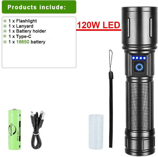 Pawell Hochleistungs-LED-Taschenlampe in Schwarz mit 120 W, wiederaufladbar via Type-C, wasserdicht und mit großer Reichweite - Bild 1