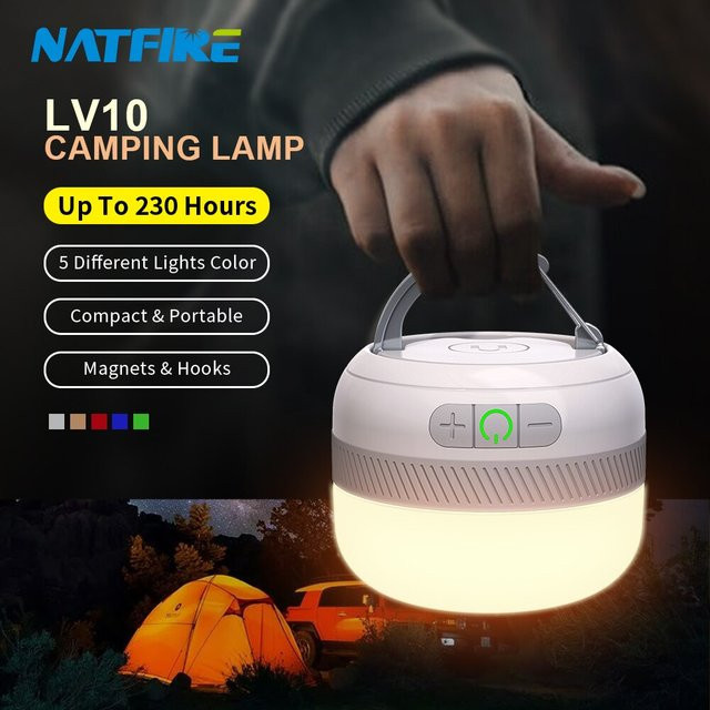 NATFIRE LV10 Campingleuchte, wiederaufladbare LED Taschenlampe und Notfalllaterne mit USB-C, 5 Lichtfarben und RGB-Funktion, Weiß - Bild 1