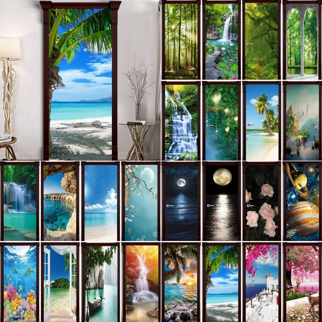 Selbstklebender 3D Wandaufkleber Strand und Wasserfall aus PVC als Wandbild für dein Wohnzimmer in Mehrfarbig - Bild 1