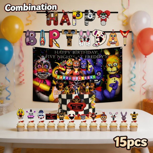 Five Nights at Freddy's Party-Set mit Hintergrund-Tortendekoration und Cupcake-Banner, mehrfarbig - Bild 1