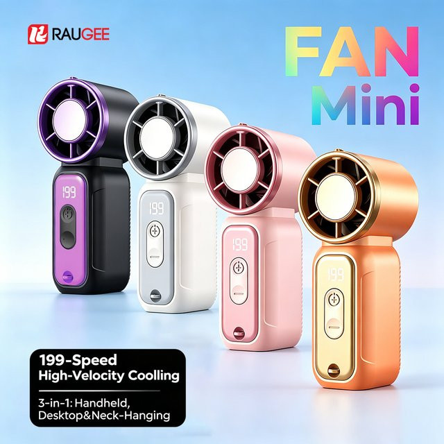 Tragbarer Mini-Handventilator von raugee in Weiß mit digitaler Anzeige - Bild 1