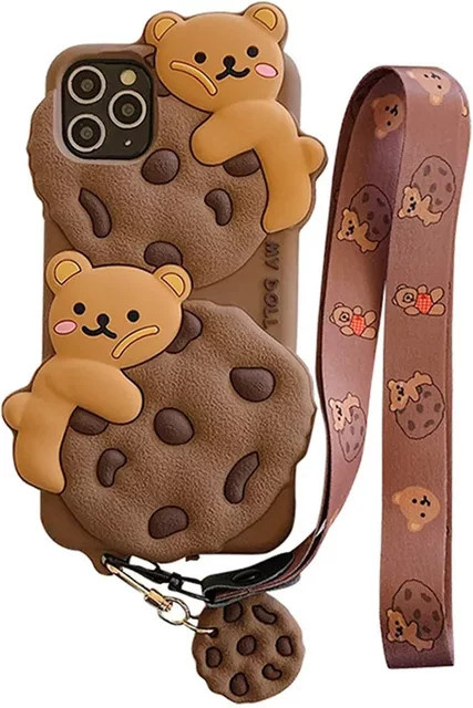 NMEGOU Silikonhülle im Kawaii Cookie Bär Design für iPhone 14 13 12 11 15 Pro Max Plus XS XR X mit Lanyard und Schlüsselanhänger in Braun - Bild 1
