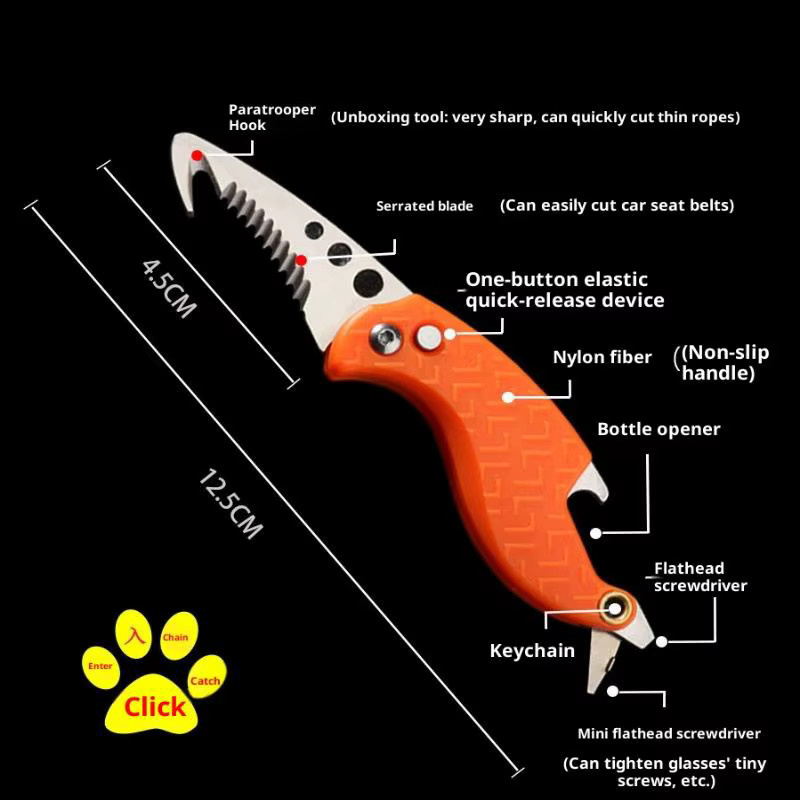 Multifunktionales gezahntes Hakenmesser aus Edelstahl in Schwarz als tragbarer Überlebensschneider für Outdoor und Camping - Bild 2