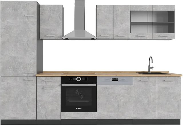 Vicco R-Line Küchenzeile modern in Beton-Optik und Anthrazit mit Eiche-Elementen, Breite: 300 cm - Bild 1