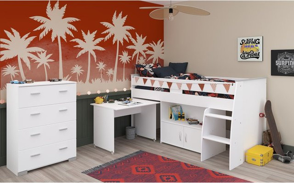 Parisot Kinderzimmer Set Reverse 13 Weiß bestehend aus Hochbett mit Schreibtisch und Kommode