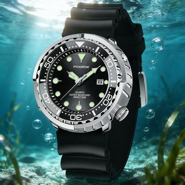 FOXBOX Armbanduhr Quarz, Edelstahl, Kautschuk, Schwarz, Herren - Bild 1