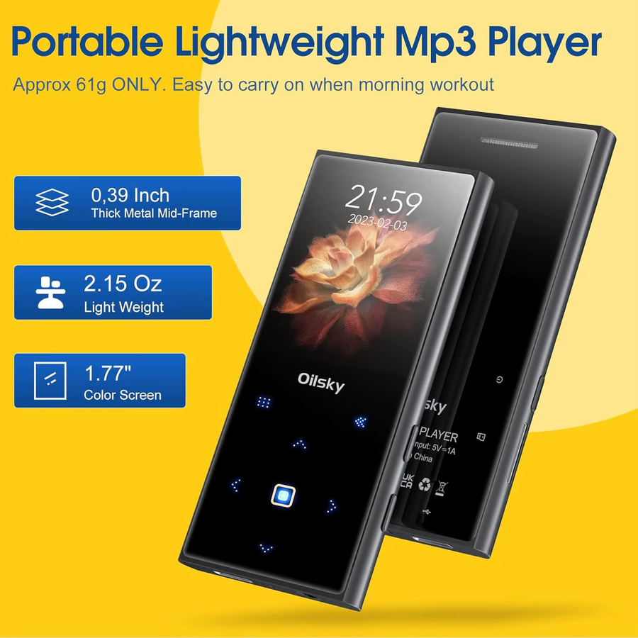 Oilsky MP3-Player mit 64 GB Speicher, Bluetooth 5.0, UKW-Radio, integriertem Lautsprecher und Diktierfunktion in Schwarz, erweiterbar bis 128 GB - Bild 4