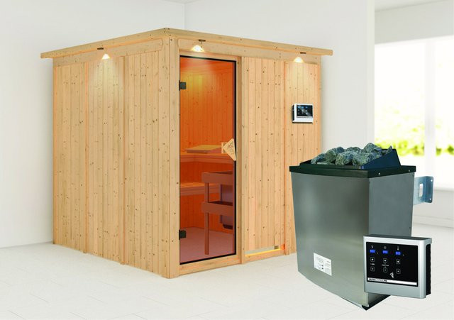 Karibu Sauna Rikka in Beige mit Edelstahlofen, externem Steuergerät und Dachkran - Bild 1