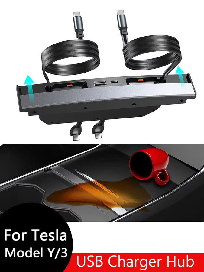 MIYOKAKING USB-Hub-Ladegerät für Tesla Model Y 2020-2024 und Model 3 2020-2023 mit Schnellladung und einziehbaren USB-C Kabeln, Schwarz - Bild 5