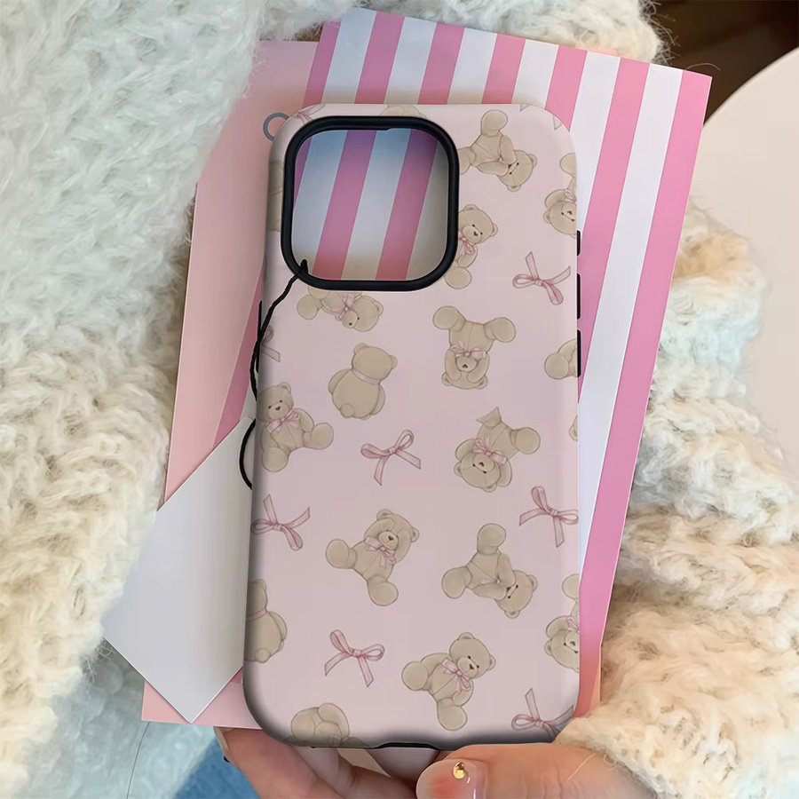 Teddybär & Bow Delight Handyhülle für iPhone 17 16 15 14 13 12 11 Pro Max Plus mit doppelschichtiger Rückseite in Pink - Bild 3