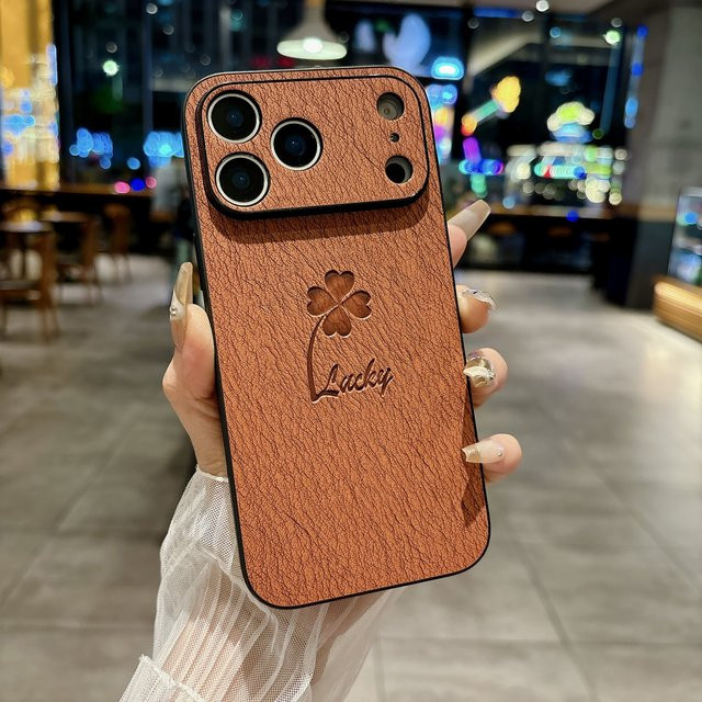 Carcasa Luxuriöse Lederhülle mit Vierblättrigem Kleeblatt für iPhone 17, 16, 15, 14 Plus, 13, 12, 11 Pro Max - Bild 1