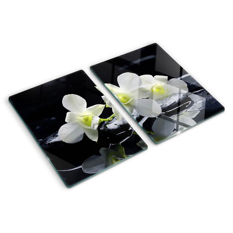 Tulup Herdabdeckplatten Set aus 2 Stück aus Glas mit Orchideen-Design in Schwarz, B/T: 52 x 40 cm - Bild 2