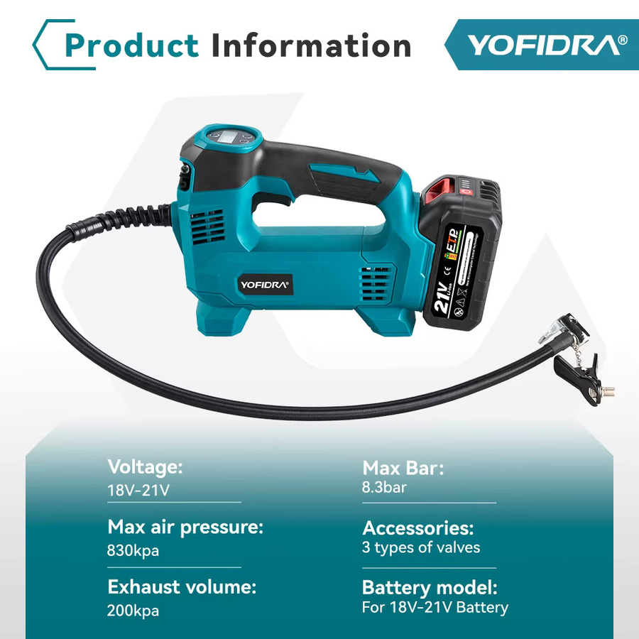 YOFIDRA Kabelloser elektrischer Luftpumpenkompressor mit LED-Anzeige und Akku-Anschluss für Makita 21 V Batterien in Blau - Bild 4