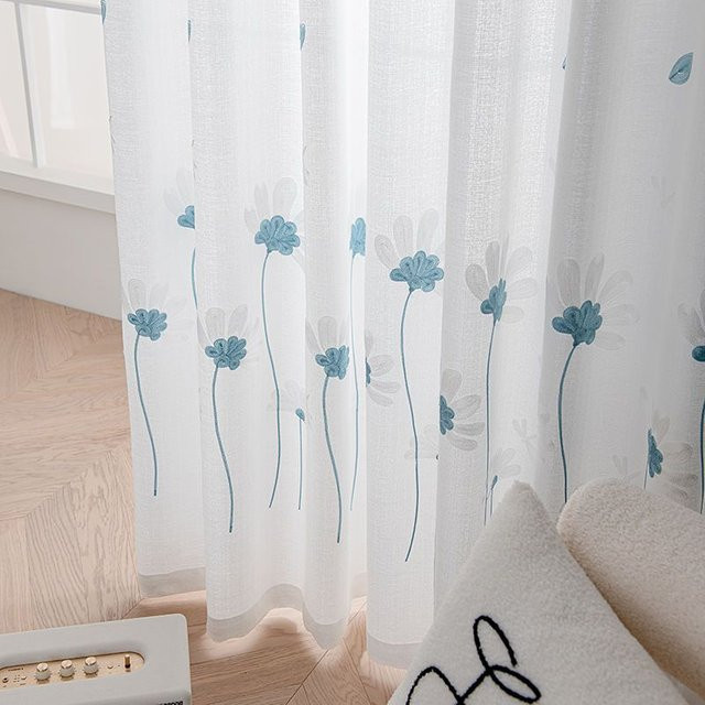 CENTURyMiG Transparenter Vorhang mit blauer Blumenstickerei, Sichtschutz und Sonnenschutz, Farbe: Transparent/Blau/Weiß, B: 100 cm, H: 200 cm - Bild 1