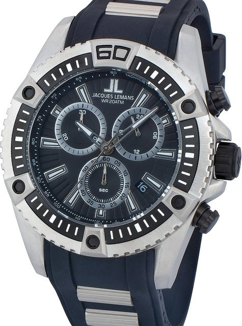 Jacques Lemans Chronograph, Quarz, Edelstahl, 46 mm, Silikon, Schwarz, Herren - Bild 1