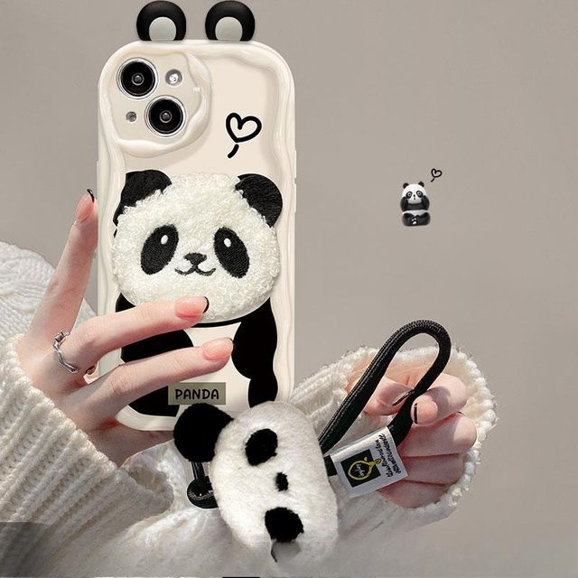 Silikon Handyhülle mit Panda Cartoon Design und Lanyard für Apple iPhone 11, 12, 13, 14 und 15 Pro Max in Weiß - Bild 1